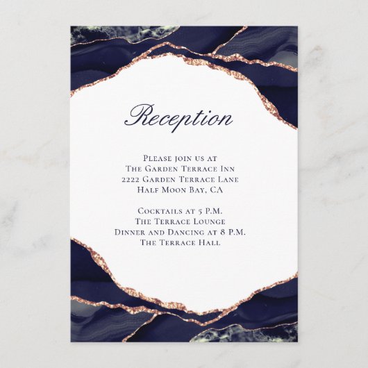 ネイビーエレガントアゲートバラ金ゴールドウェディングレセプション エンクロージャーカード (正面)