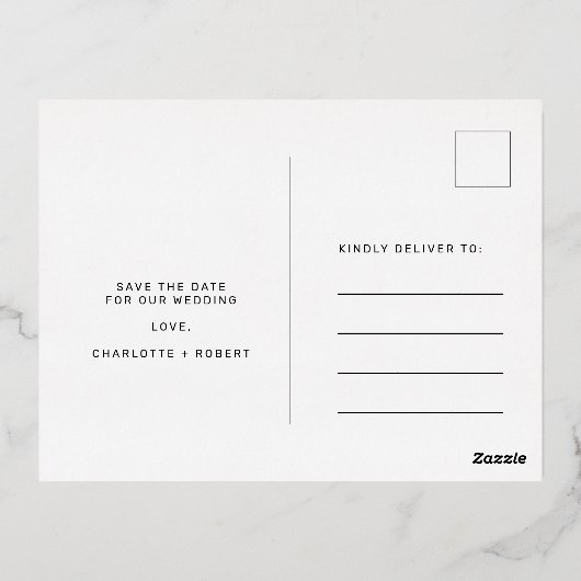 ネイビーエレガントウェディングは日付スクリプト金ゴールドを保存 箔招待状ポストカード (裏面)