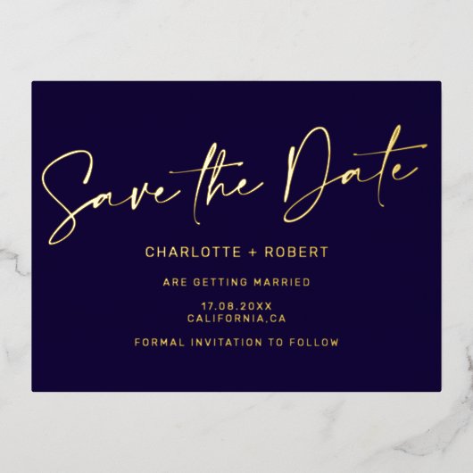 ネイビーエレガントウェディングは日付スクリプト金ゴールドを保存 箔招待状ポストカード (正面)