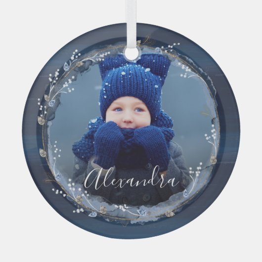ネイビーエレガントウォータカラーインク&ジュエルフォトリース ガラスオーナメント (正面)