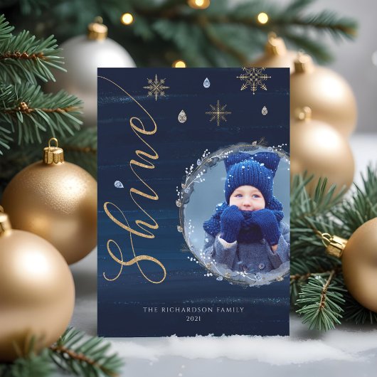 ネイビーエレガントウォータカラーインク&ジュエルフォトリース シーズンカード