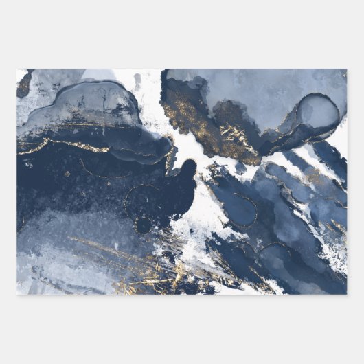 ネイビーエレガントウォーターカラーインク&ゴールデンジュエリー ラッピングペーパーシート (正面)