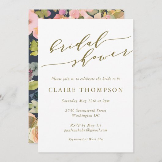 ネイビーエレガントウォーター色フローラ金ゴールドブライダルシャワー 招待状 (正面/裏面)