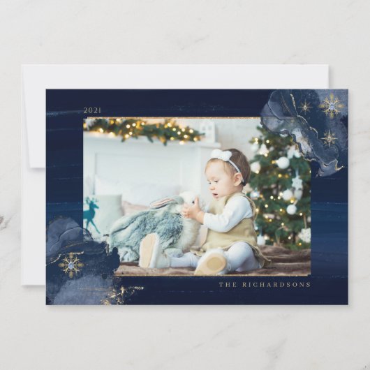 ネイビーエレガントウォーター・カラー・インク&ゴールデン・ジュエル・フォト シーズンカード (正面)