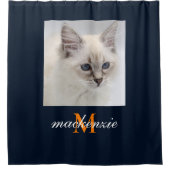 ネイビーエレガントオレンジモノグラムのスクリプカスタムト写真 シャワーカーテン (正面)