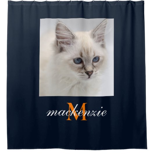 ネイビーエレガントオレンジモノグラムのスクリプカスタムト写真 シャワーカーテン (正面)