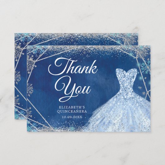 ネイビーエレガントクリスマススノーフレークMIS XVアニョス サンキューカード (正面/裏面)