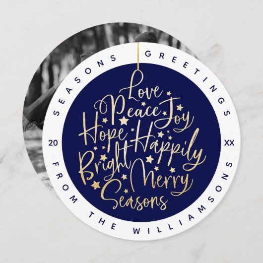 ネイビーエレガントグリーティングタイポグラフィオーナメント写真 シーズンカード (正面/裏面)