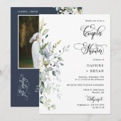 ネイビーエレガントグリーンリーカップルがシャワーQRコード写真 招待状 (正面/裏面)