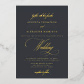 ネイビーエレガントグレイヴィンテージ書道結婚の 箔招待状 (正面)