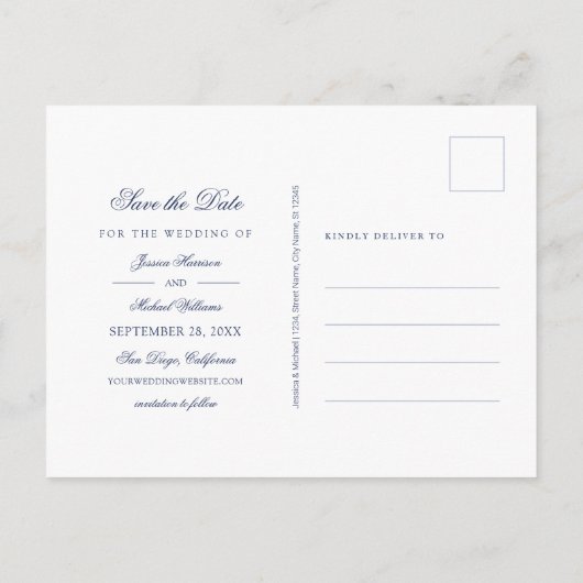 ネイビーエレガントコーラルビーチ写真保存日時 インビテーションポストカード (裏面)