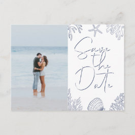 ネイビーエレガントコーラルビーチ写真保存日時 インビテーションポストカード