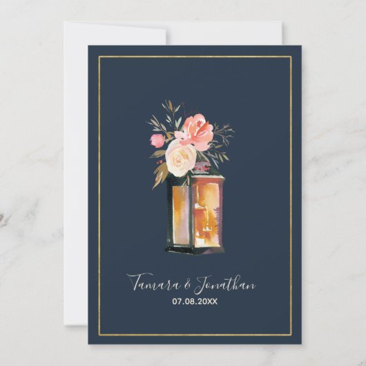 ネイビーエレガントコーラルフローラ金ゴールドラ結婚イト 招待状 (裏面)