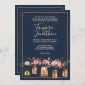 ネイビーエレガントコーラルフローラ金ゴールドラ結婚イト 招待状 (正面/裏面)