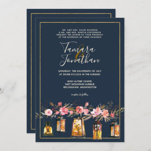 ネイビーエレガントコーラルフローラ金ゴールドラ結婚イト 招待状