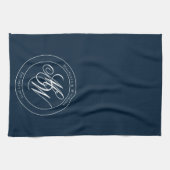 ネイビーエレガントサークルモノグラムスクリプト キッチンタオル (横)