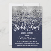 ネイビーエレガントシルバーグリッター紙吹雪ブライダルシャワー 招待状 (正面)