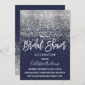 ネイビーエレガントシルバーグリッター紙吹雪ブライダルシャワー 招待状 (正面/裏面)