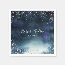 ネイビーエレガントシルバーグリッター結婚ズ スタンダードカクテルナプキン