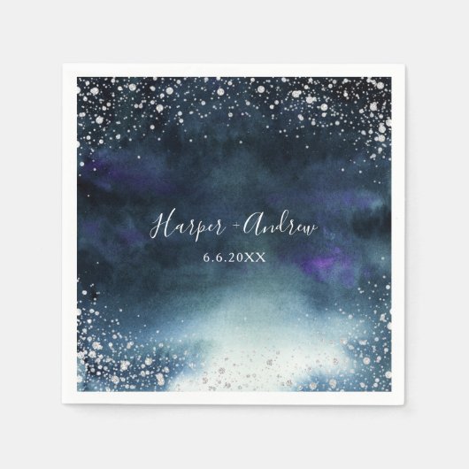 ネイビーエレガントシルバーグリッター結婚ズ スタンダードカクテルナプキン (正面)