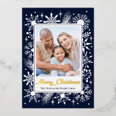 ネイビーエレガントススタイリッシュ・スノーフレーク・ファミリーの写真 箔シーズンカード (正面)
