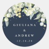ネイビーエレガントスノーベリー+ユーカリ結婚ス ラウンドシール (正面)