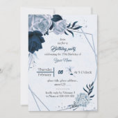 ネイビーエレガントダスティブルーフラワーバースデーパーティー 招待状 (正面)