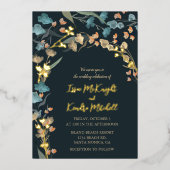 ネイビーエレガントダスティブルーボタニッ結婚クス 箔招待状 (正面)