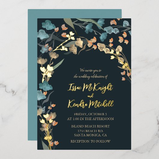 ネイビーエレガントダスティブルーボタニッ結婚クス 箔招待状 (正面/裏面)