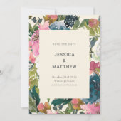 ネイビーエレガントピンクウォーター色ボタニカル結婚ズ セーブザデート (正面)