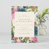 ネイビーエレガントピンクウォーター色ボタニカル結婚ズ 招待状 (スタンド正面)