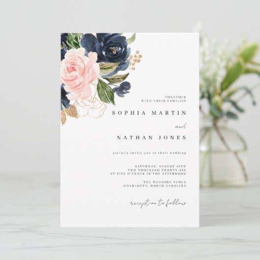 ネイビーエレガントピンクウォーター花模様ズ結婚 招待状 (スタンド正面)