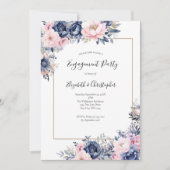 ネイビーエレガントピンクフローラ婚約パーティ 招待状 (正面)