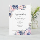 ネイビーエレガントピンクフローラ婚約パーティ 招待状 (スタンド正面)