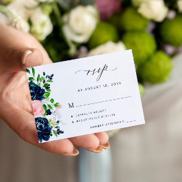 ネイビーエレガントピンクフローラ結婚式RSVP エンクロージャーカード