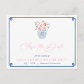 ネイビーエレガントピンクローズ結婚式の日付を保存 ポストカード (正面)