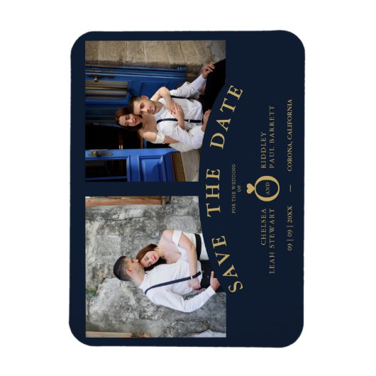 ネイビーエレガントピンク2枚の写真が洗練さ結婚れた マグネット (縦)