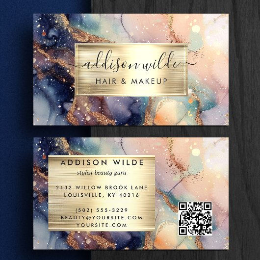 ネイビーエレガントピーチと金ゴールド水彩大理石 名刺