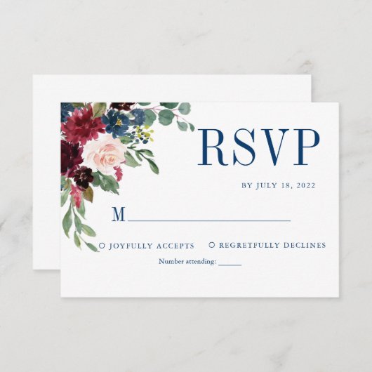 ネイビーエレガントフローラブルグ結婚ンディ 出欠カード (正面/裏面)