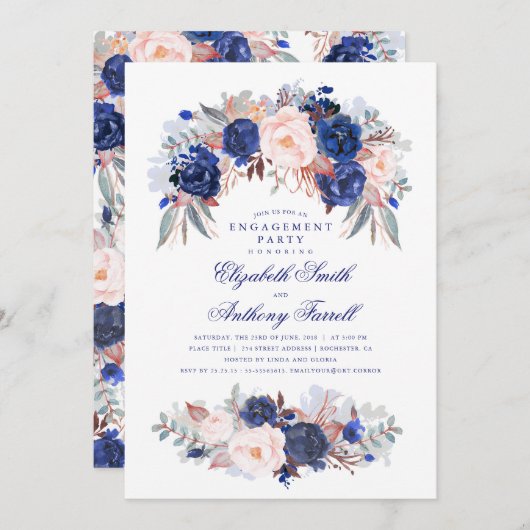 ネイビーエレガントフローラモダン婚約パーティ 招待状 (正面/裏面)