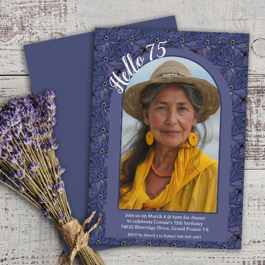 ネイビーエレガントフローラワシンプルイムシー75th誕生日 招待状