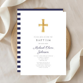 ネイビーエレガントブルクロス宗教少年バプテスマ 招待状