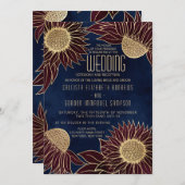 ネイビーエレガントブルゴーニュひまわりウォーター結婚カラー 招待状 (正面/裏面)