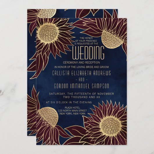 ネイビーエレガントブルゴーニュひまわりウォーター結婚カラー 招待状 (正面/裏面)