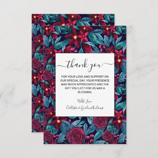 ネイビーエレガントブルゴーニュフローラ水彩色 サンキューカード (正面/裏面)