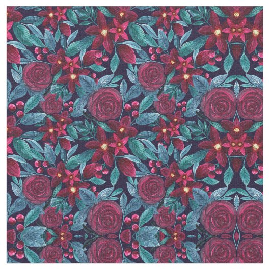 ネイビーエレガントブルゴーニュフローラ水彩色 ファブリック (クローズアップ)