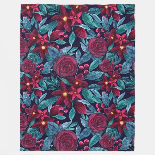 ネイビーエレガントブルゴーニュフローラ水彩色 フリースブランケット (正面)