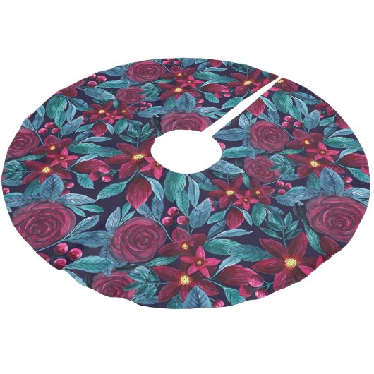 ネイビーエレガントブルゴーニュフローラ水彩色 ブラッシュドポリエステルツリースカート (アングル)