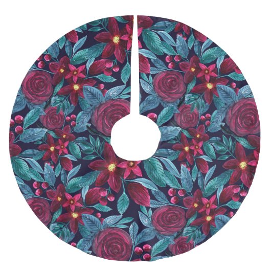 ネイビーエレガントブルゴーニュフローラ水彩色 ブラッシュドポリエステルツリースカート (正面)