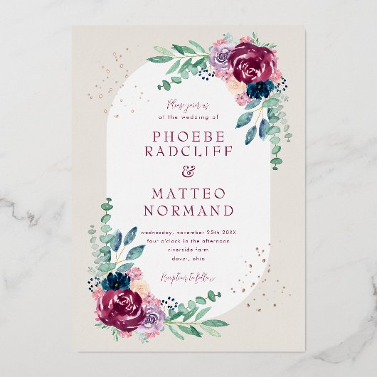 ネイビーエレガントブルゴーニュ水彩花結婚色 箔招待状 (正面)